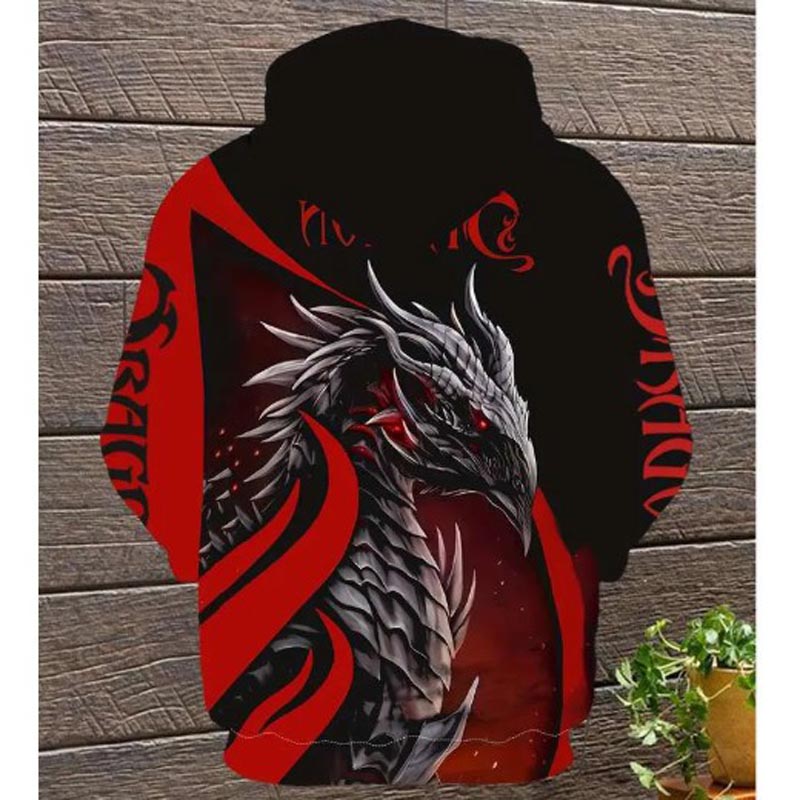 Men's 3D dragon print hooded casual long sleeved sweatshirt with drawstring pocket, polyester knitted fabric, slightly elastic pullover