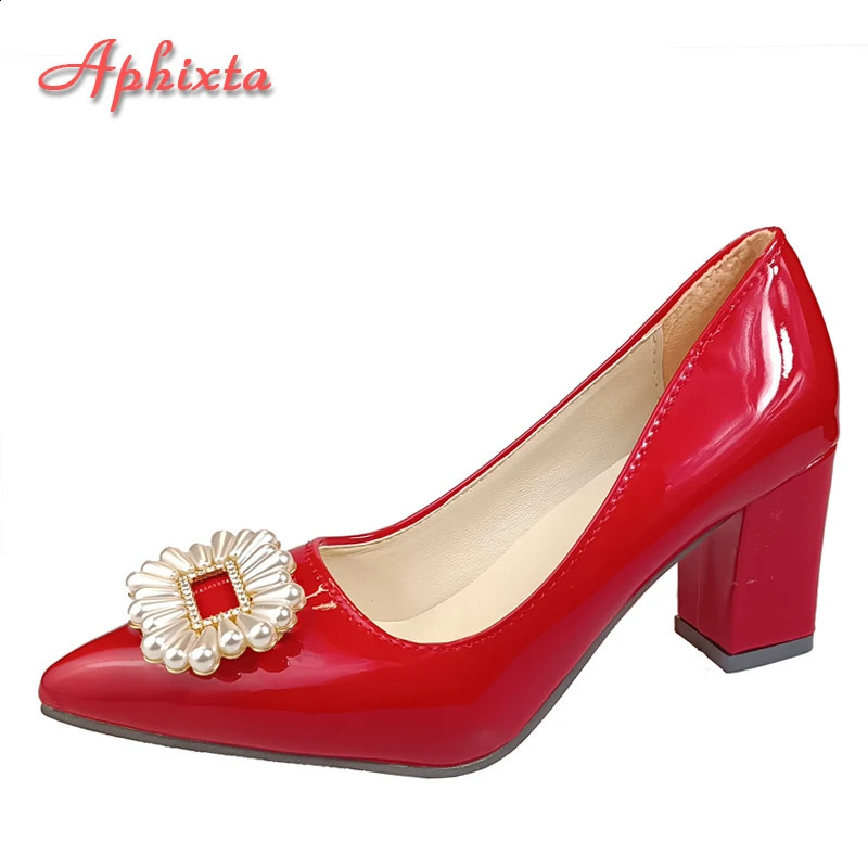 Aphixta Pearl Crystal Buckle Pink Pump Womens Thick High Heels Parents ren Large Size 30-46 241223