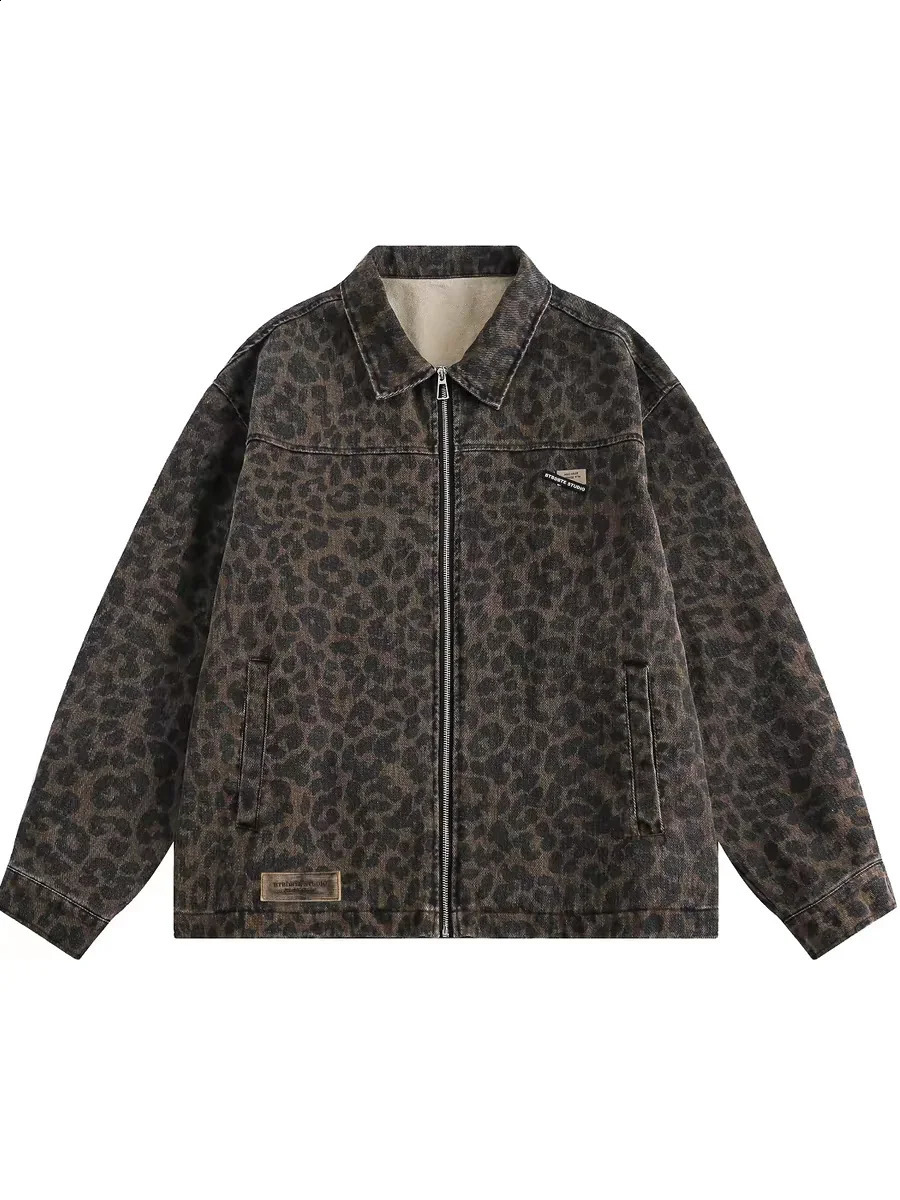 Women Jackets Denim Zipper American Style Leopard Print Tops Autumn Temperament Unisex Coats Street Vitality Personality 241223