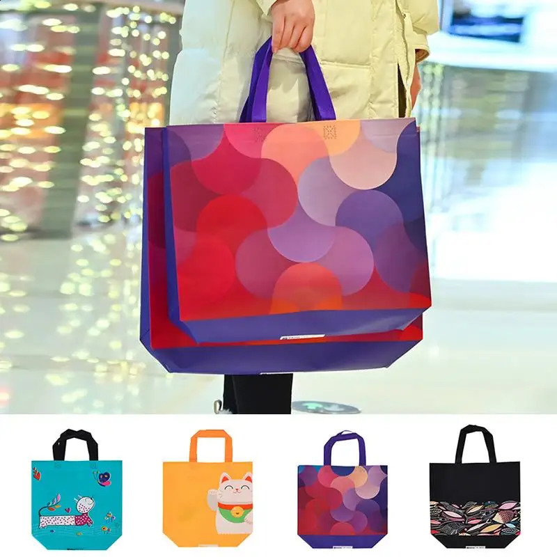 Nonwoven Fabric Shopping Bag For Women Printed Folding Eco Travel Grocery Reusable Film Coated Storage Bags Pouch 241213
