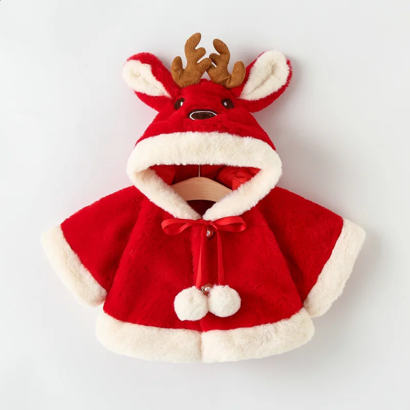 Cute Elk Plush Baby Jacket Autumn Winter Baby Girls Coat Warm Hooded Outwear Christmas Princess Cloak Toddler Girl Clothes 241223