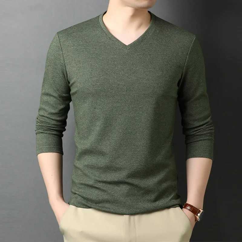 Boreathiman Top Quality New Fashion Brand Solid Color Plain T-shirt V-neck Long Sleeve Mens Cotton Casual Mens Wear W241223