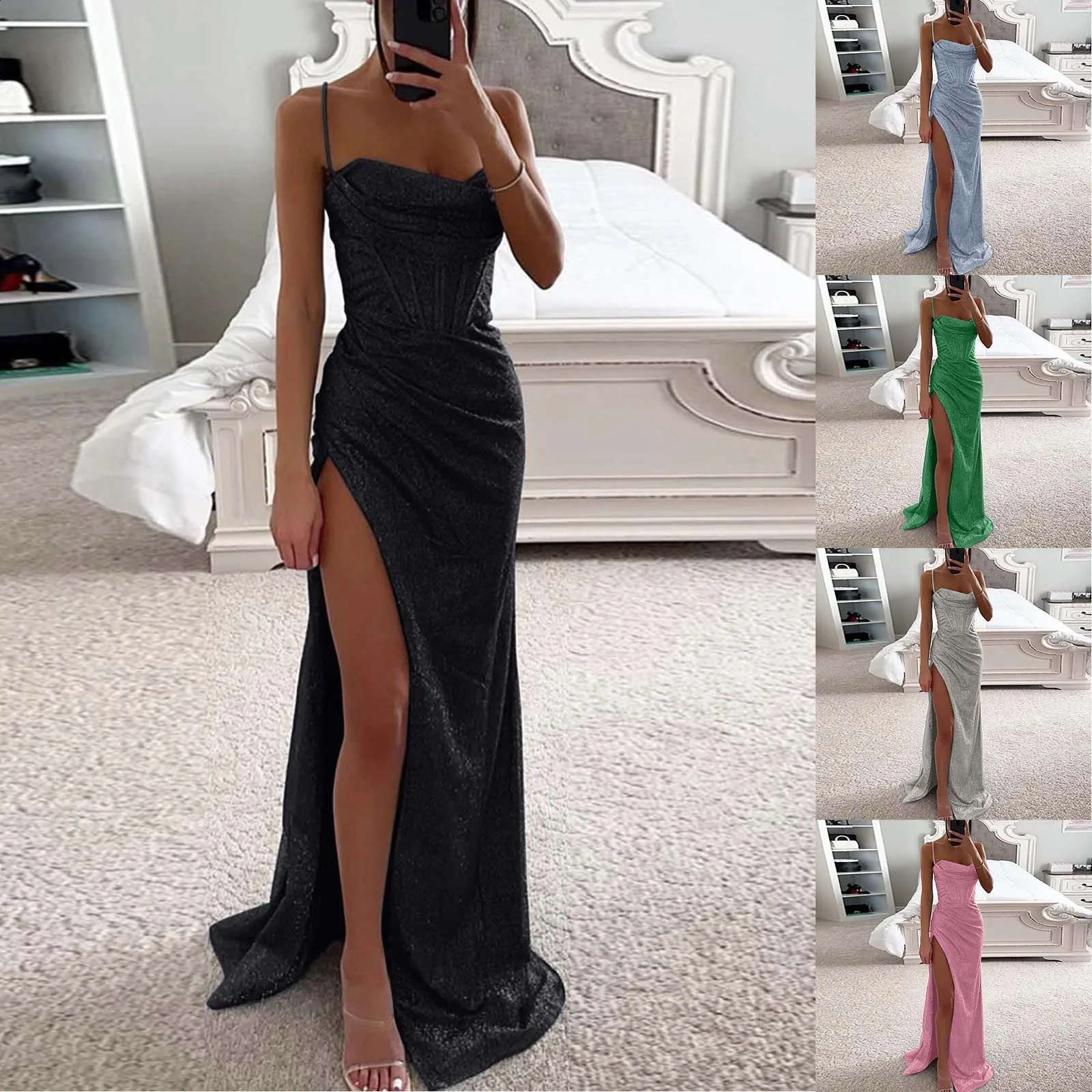 Solid Color Sequin Sleeveless Strap Dress Women Backless Cocktail Party Long Dresses Formal High Slit Sexy Evening Dress 241217