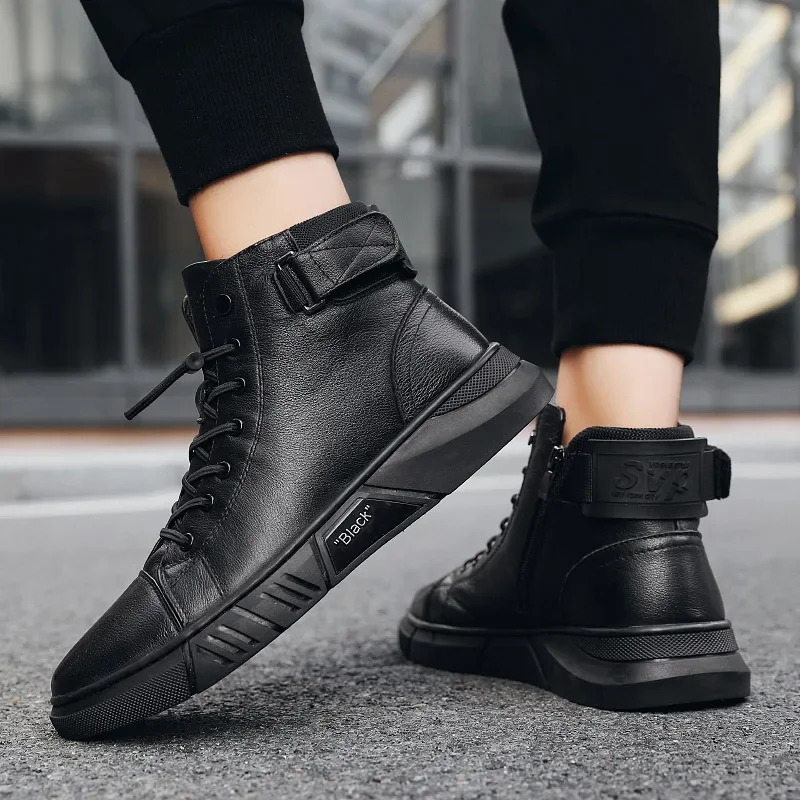 Black Ankle Pu Leather High Casual Shoes For Men Autumn Comfort Platform Boot Winter Fur Boots Botas De Trabo Hombre