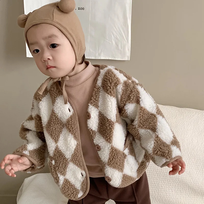 2025 Winter Baby Plus Velvet Thick Plush Coat Infant Toddler Long Sleeve Plaid Clothes Boy Girls Fleece Warm Cardigan Jacket 241223