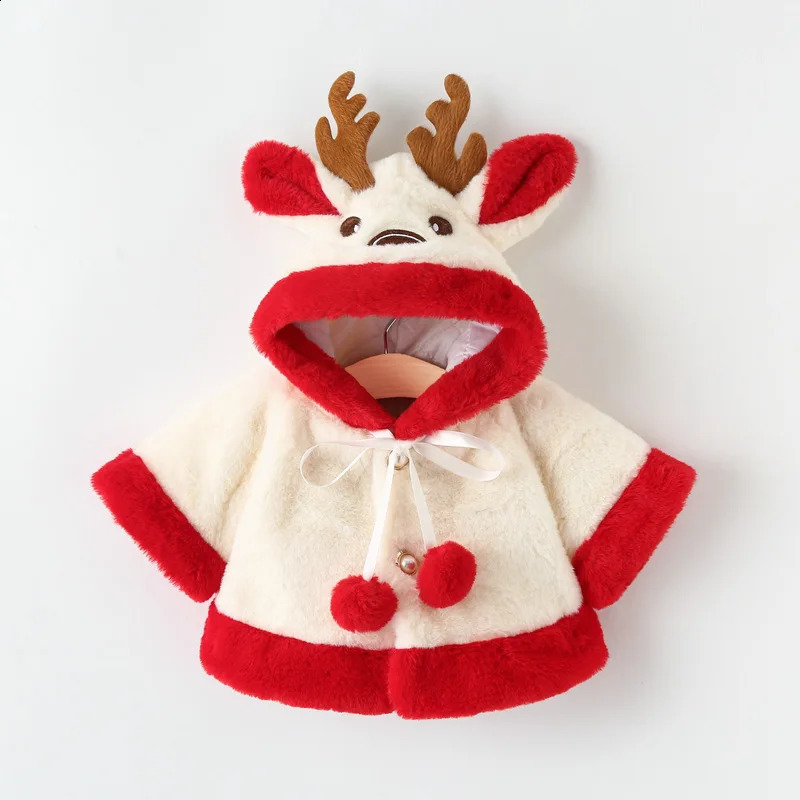 Cute Elk Plush Baby Jacket Autumn Winter Baby Girls Coat Warm Hooded Outwear Christmas Princess Cloak Toddler Girl Clothes 241223