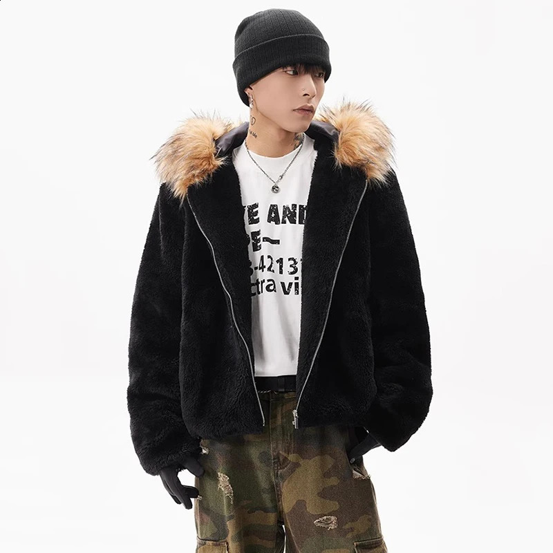 PFNW High Quality Fleece Hooded Quilted Padded Jackets Mens American High Street Warm Fur Collar Short Zipper Coat CPG2408 241223