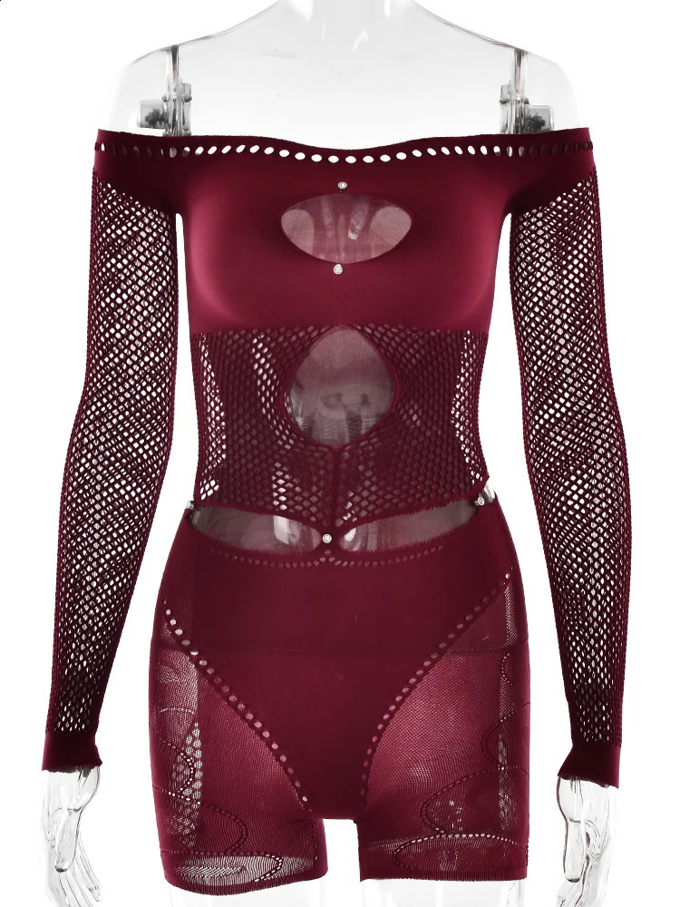 Sifreyr Off-shoulder Hollow Sexy Playsuits Women See Through Long Sleeve High Stretch Party Clubwear Female Slim Skinny Romper 241224