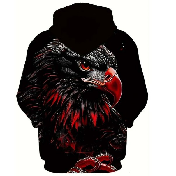 Men's casual 3D eagle print pullover, long sleeved, drawstring hat, with pockets, fashionable outdoor wear