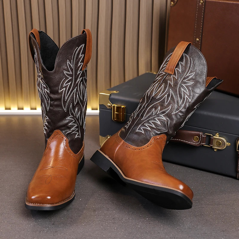 Spring and autumn mens Western cowboy boots executive embroidered boots punk mens knight boots retro wide toe leather shoes 241223