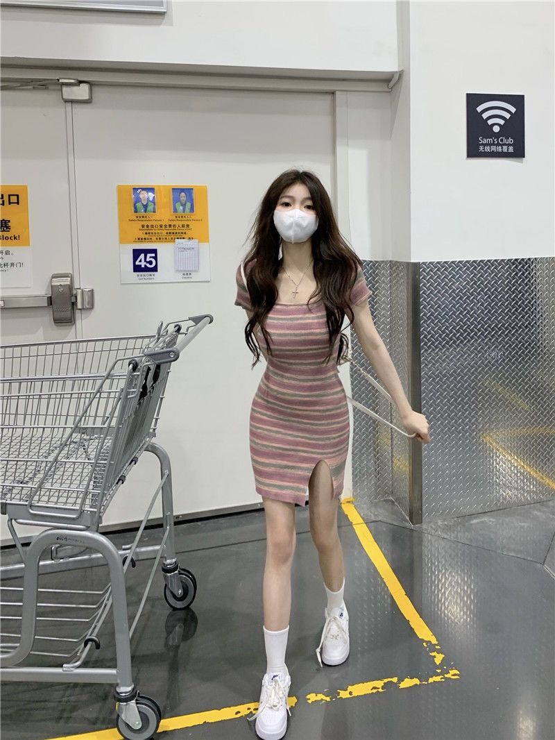 G81 Retro striped dress female summer pure desire sweet spicy sexy skirt new style tight hip slit short skirt