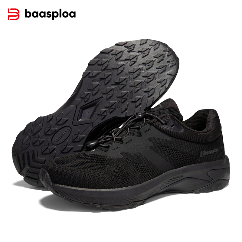Baasploa Men Casual Shoes Knitted Breathable Elastic Buckle Sneakers Lightweight Non Slip Male Walking Outdoor Hiking Shoe