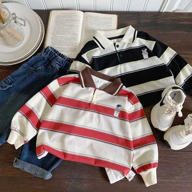 Spring and autumn childrens polo shirt Korean long sleeved boys striped collar T-shirt girls long sleeved top W241223