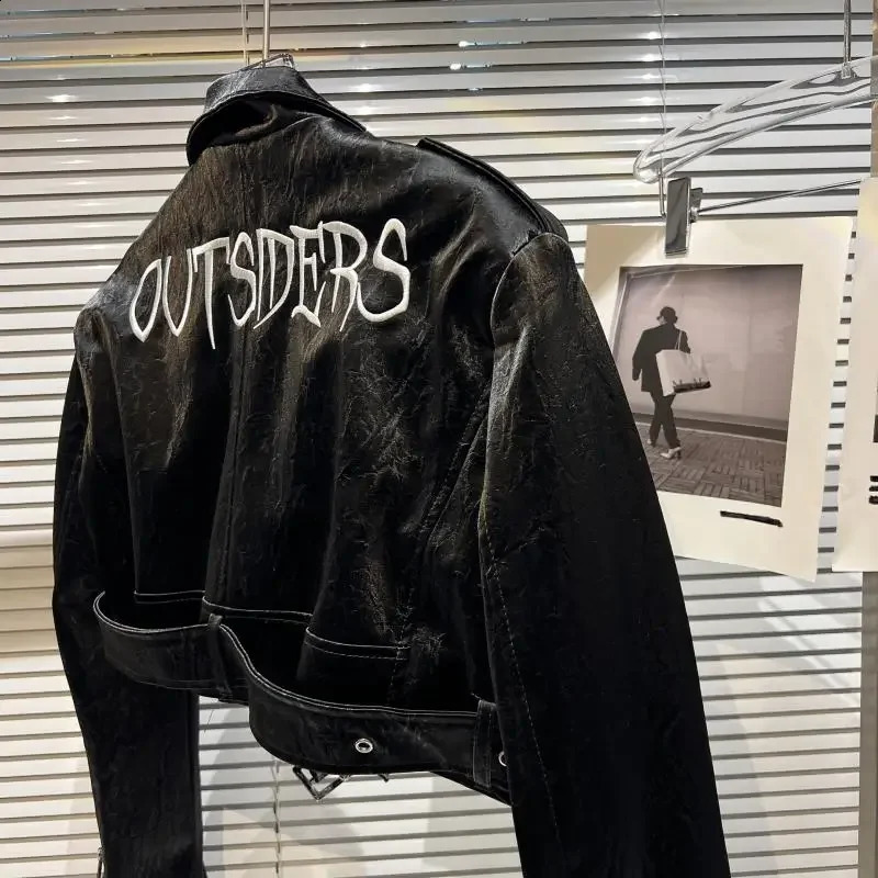 Autumn Locomotive Spice Girl Letter y Lychee Leather Glossy Black Jacket Womens PU 241218