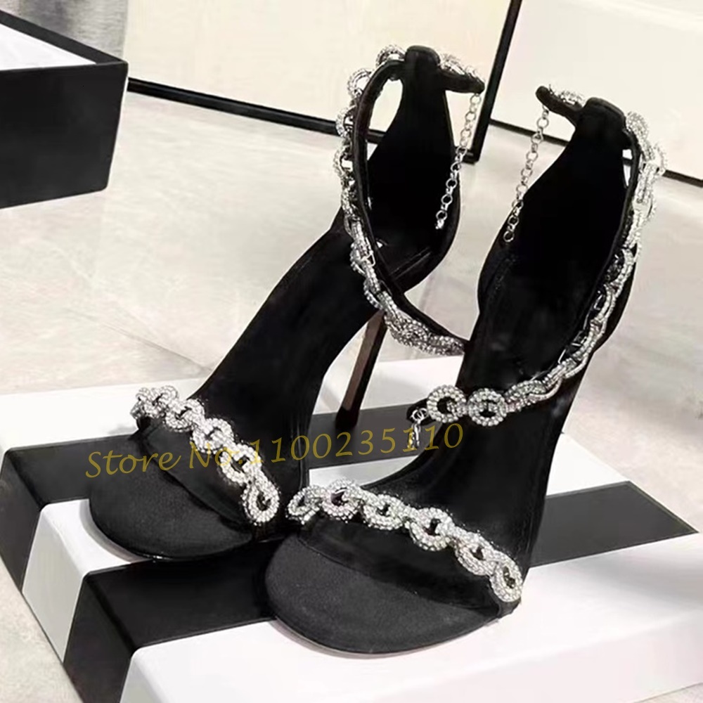 Crystal Ankle Wrap Sandals Female Full Drill Chain Bg Stiletto High Heels Evening Women Summer Trend Shoes