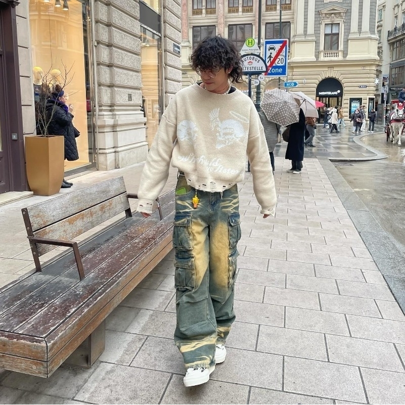 Streetwear Stylish Three-dimensional Pocket Washed Baggy Jeans Men Y2K Gothic Retro Casual High Waist Wide Leg Pants 241223