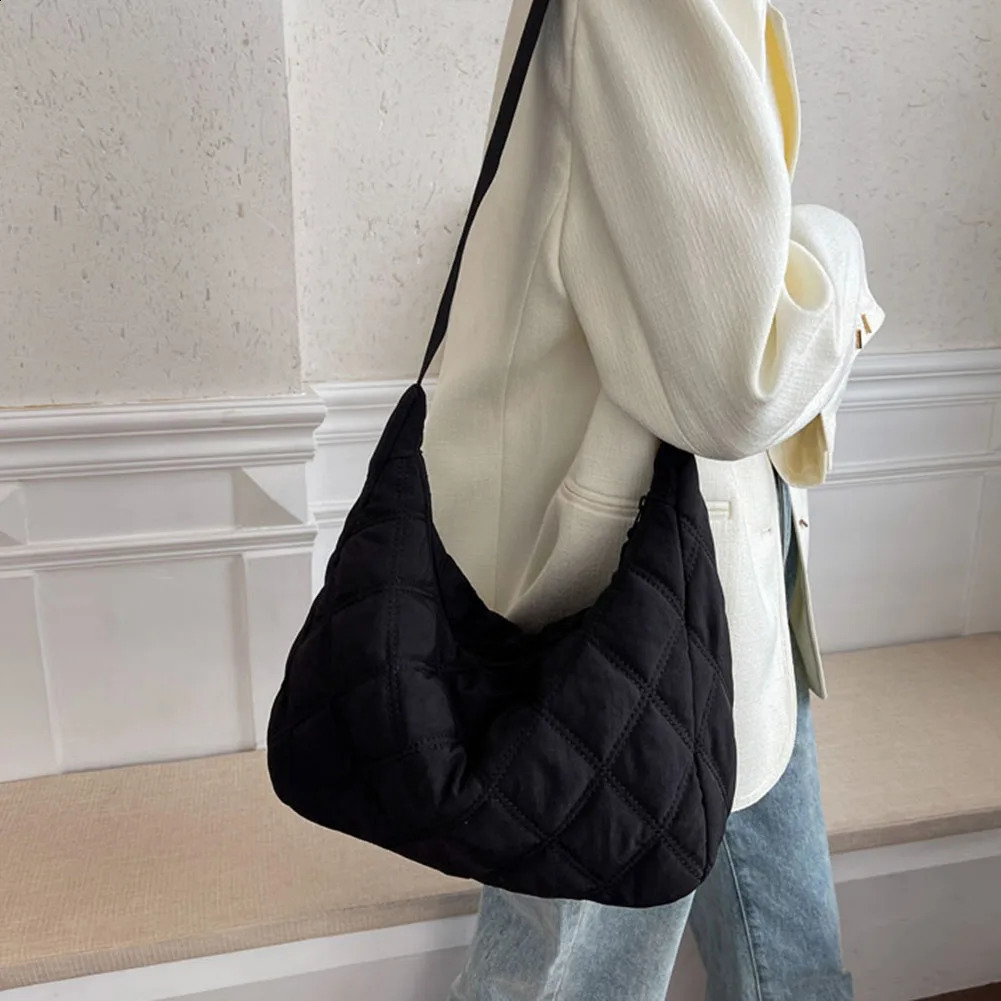 Women Puffer Satchel Bag Solid Color Quilted Diamond Lattice Tote Bag Adjustable Strap Large Capacity Soft Daily Bags 241224
