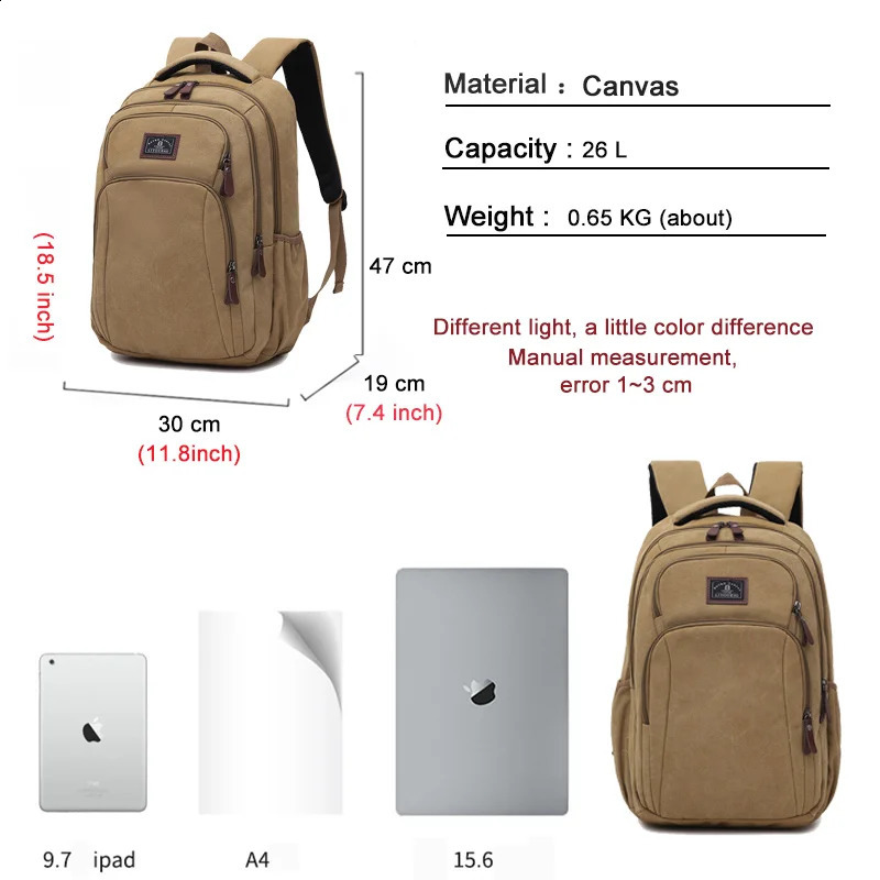 Canvas Backpack For Men Outdoor Camping Knapsack Male Youth Khaki Waterproof Travel Backpacks Daily Work Pack Army Green Gray 241224