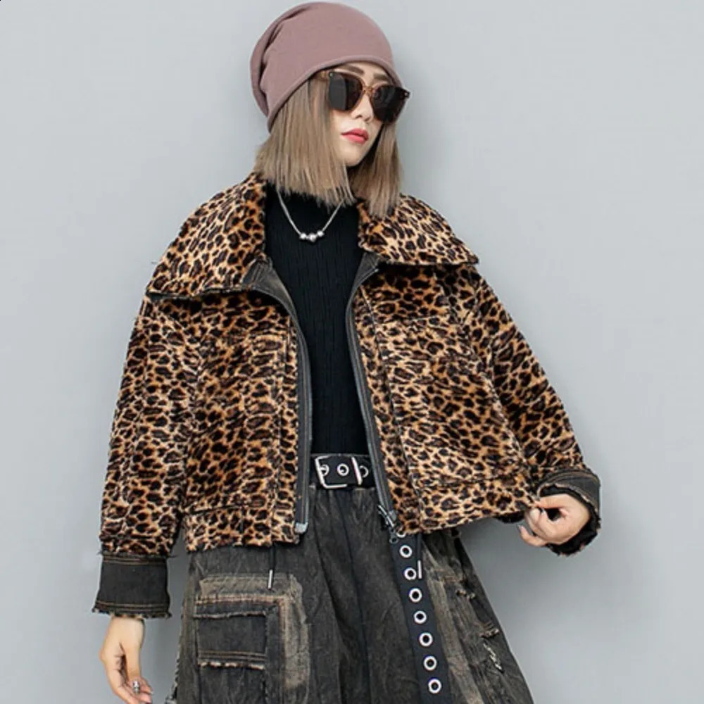 Personalized Trendy Denim Patchwork Leopard Print Double-sided Thick Jacket Women Winter LX2482 241223