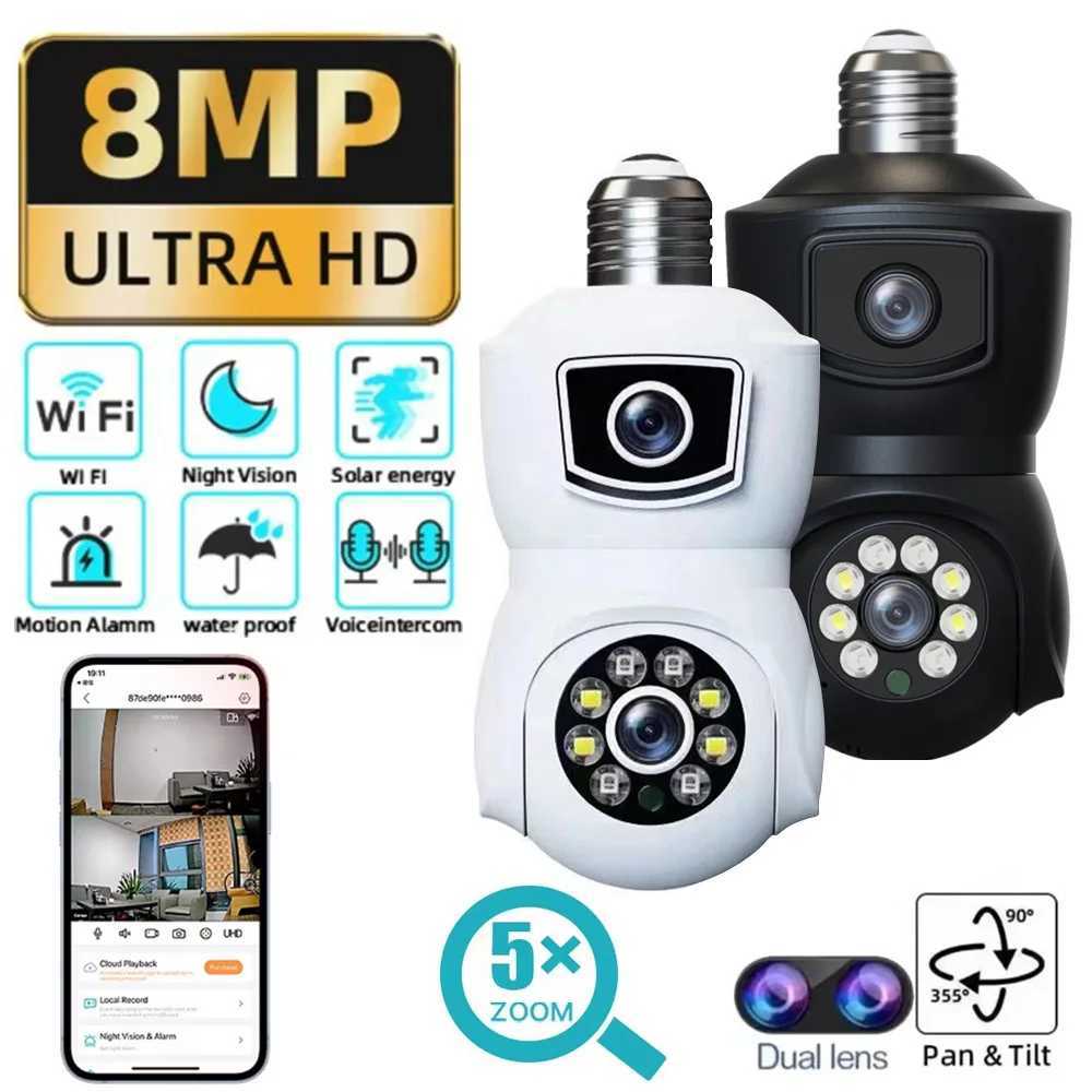 E27 Bb WiFi Camera 4K 8MP Dual Lens Dual Sn Auto Tracking Two Way Au Color Night Vision Outdoor Security Camera v380pro Z241224