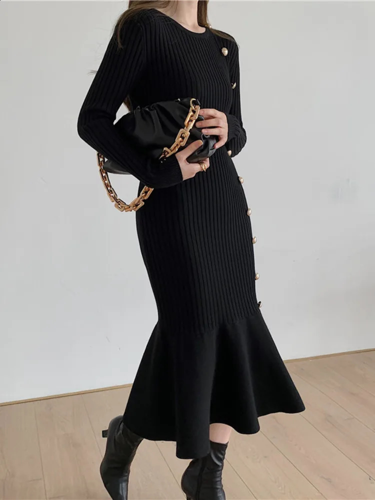 Autumn Warm Korean Fashion Woman Elegant Clothing Knitted Vintage Dresses Sweater Dress Femme Winter Vestido Feminino Thicken 241218