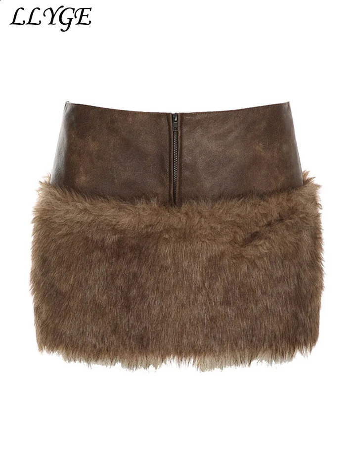 Sexy Crop Fur Coat Mini Skirt Sets Women Lapel Full Sleeve Coats Patchwork Leather Skirts Autumn Winter Lady Street Outfits 241220