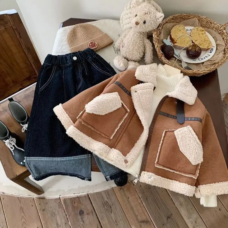 Autumn and Winter Childrens Outerwear Thickened Lamb Wool Outerwear Casual and Cute Warm Girl Cotton Jacket 241223