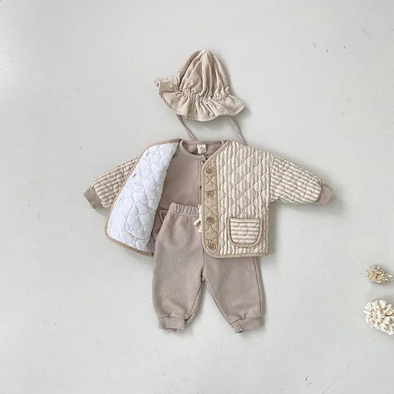 Korean Baby Kids Vintage Rhombus Double Layer Jacket Autumn Winter Boys Girls Cotton Padded Parka Children Warm Quilted Coat 241223