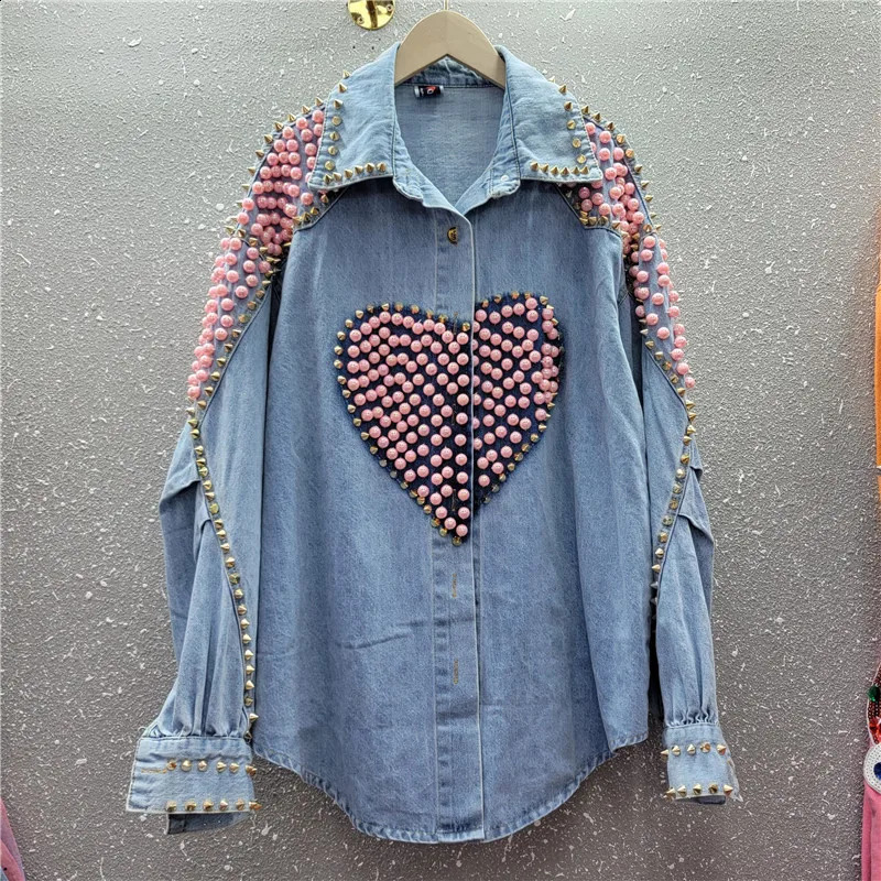 Spring Women Blue Denim Shirt Jacket Rivet Pearl Beaded Heart Pattern Casual Loose Long Sleeve Jeans Jackets Female Streetwear 241223