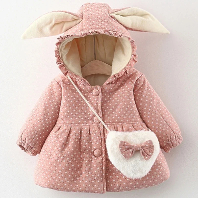 Winter Outerwear Infant Girl Clothes Toddler Jacket For Kids Korean Cartoon Cute Dot Hooded Warm Thick CoatBag Baby Tops BC028 241223