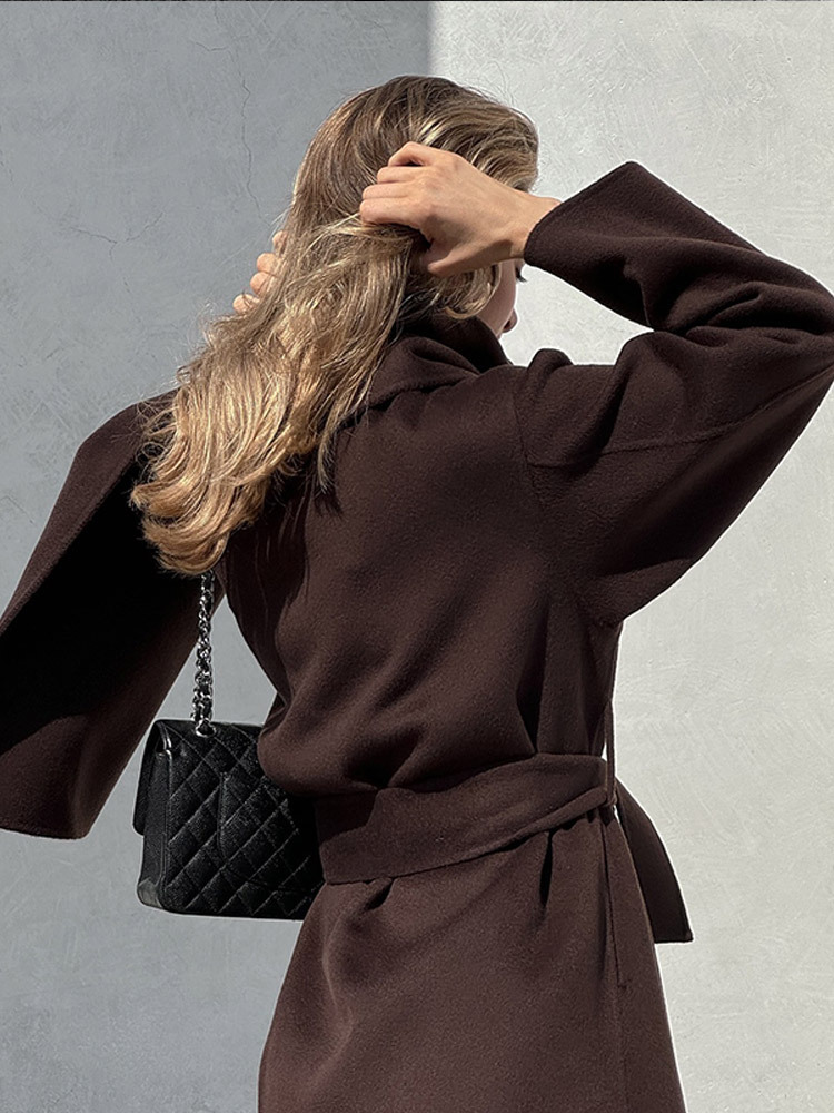 Vintage Brown Scarf Collar Women's Overcoat With Belt Fashion Long Sleeve Pockets Woolen Jacket Lady New Loose Streetwear