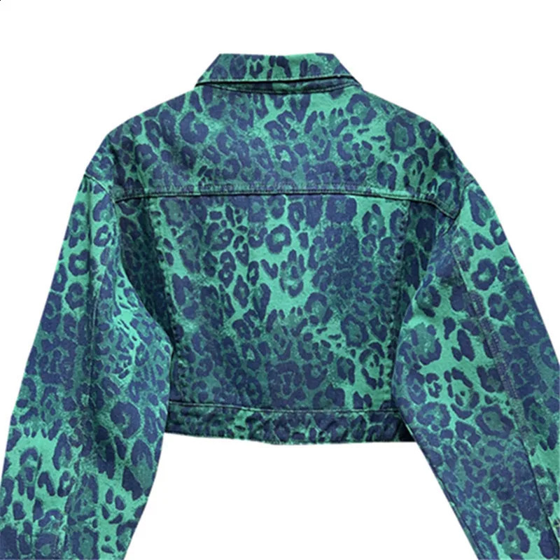 Autumn Women Fashion Leopard Print Short Denim Jacket Green Rose Red Irregular Single-breasted Lapel Long Sleeve Jeans Jackets 241223