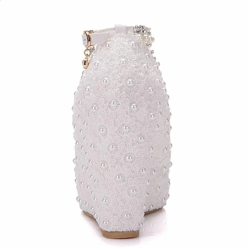 Crystal Queen White Wedding Pump Sweet White Lace Pearl Platform Pump Shoes Classic Bridal Dress High Heels Ladies 241223
