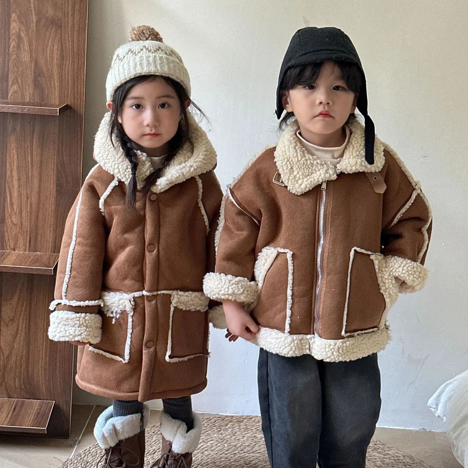 Autumn Winter Childrens Girls Coat Integrated Fur Thick Velvet Warm Kids Girls Jakcet 1-10 Years Baby Girls Outerwears 241223