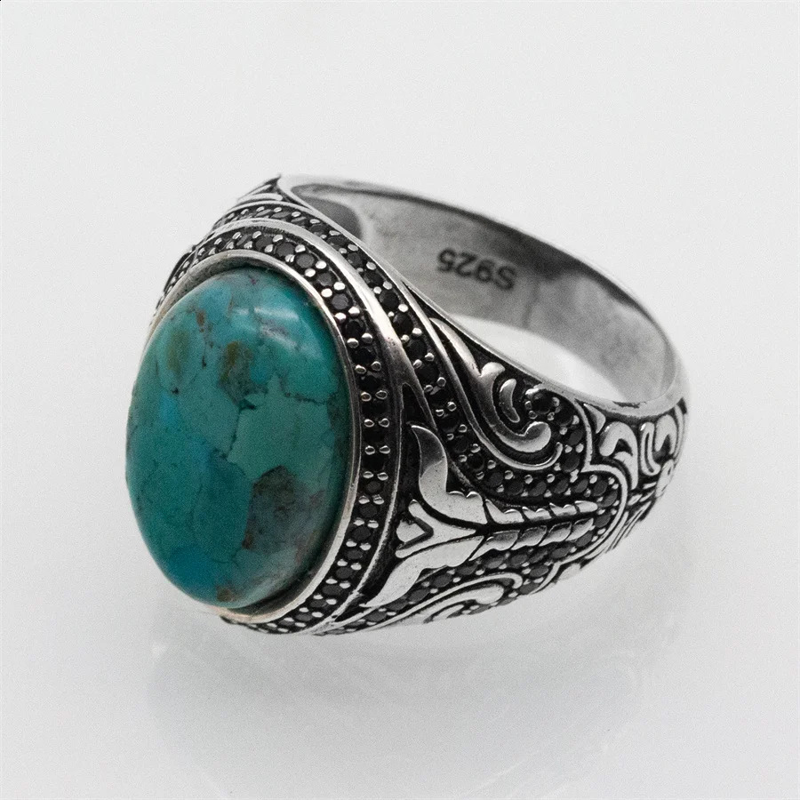 Natural Turquoise Stone Ring Men Pure Sterling Silver 925 Gemstone Ring Men Turkish Handmade Jewelry 241224