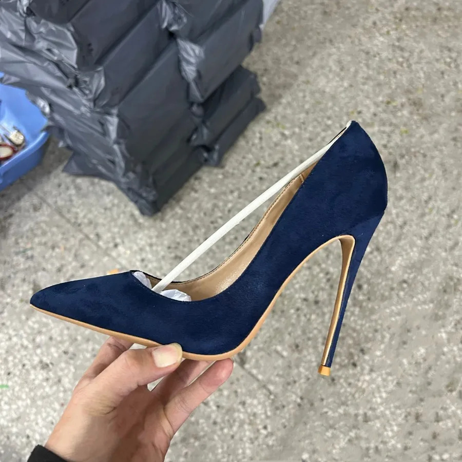 Navy Blue Womens Synthetic Suede High Heels with Lace Slip on OL Womens Stiletto Pump 8 10 12cm Fashion Wedding Shoes 241223