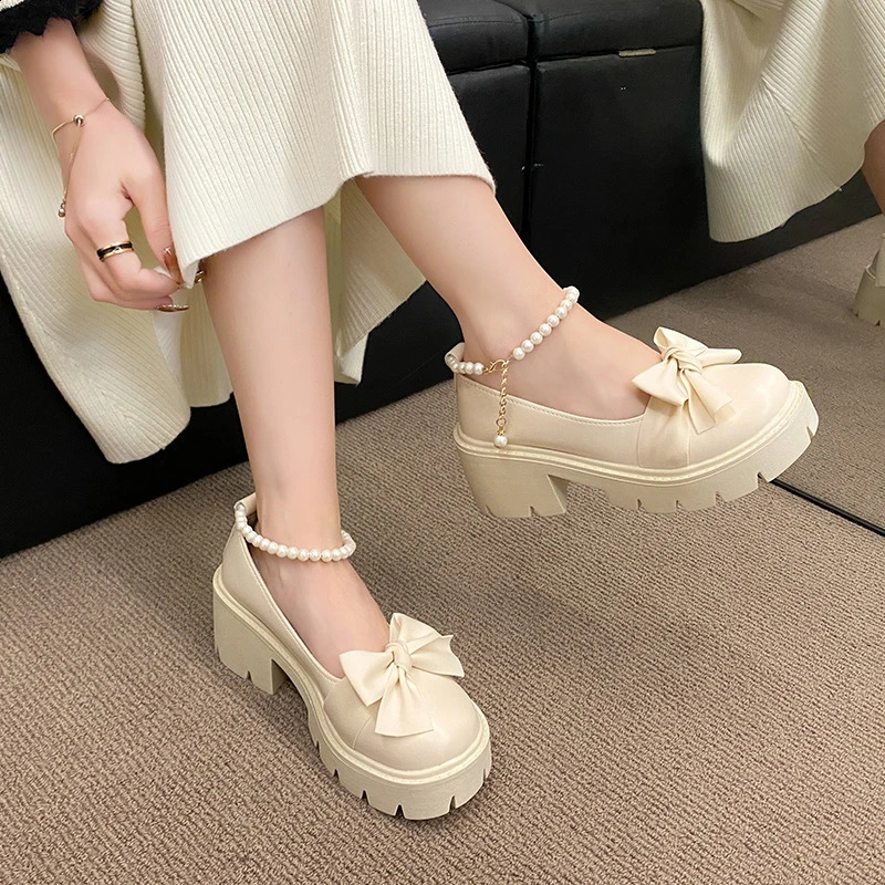 Pearl Bow Mary Jane Sandals Womens Lolita Thick Mary Jane High Heels Pump Summer Sandals Beaded Womens Shoes Zapatos 241223