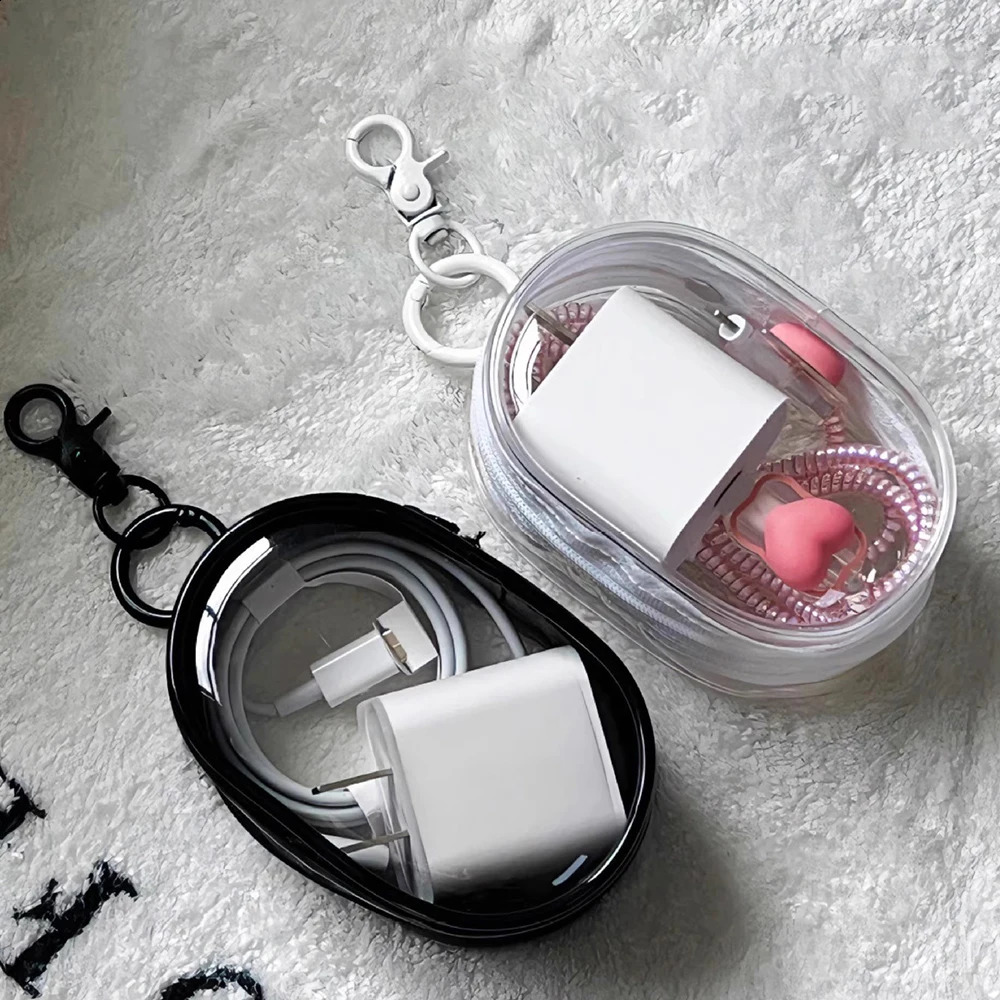 Round Black PVC Transparent Cosmetic Bags Jewelry Organizer Portable Data Cable Earphone Coin Charger Storage Pouches 241213