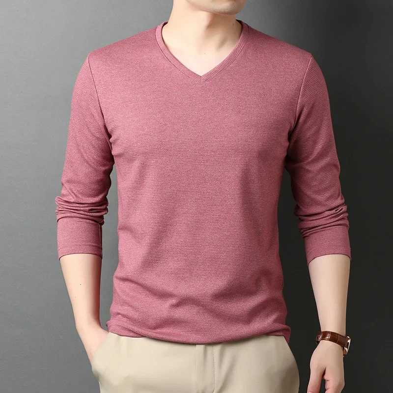 Boreathiman Top Quality New Fashion Brand Solid Color Plain T-shirt V-neck Long Sleeve Mens Cotton Casual Mens Wear W241223