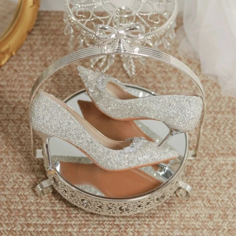 Wedding Banquet Pearl Rhinestone High Heels Womens Shoes Zapatos De Mujer Thin Foot Bow Mary Jane Shoes Pump 241223
