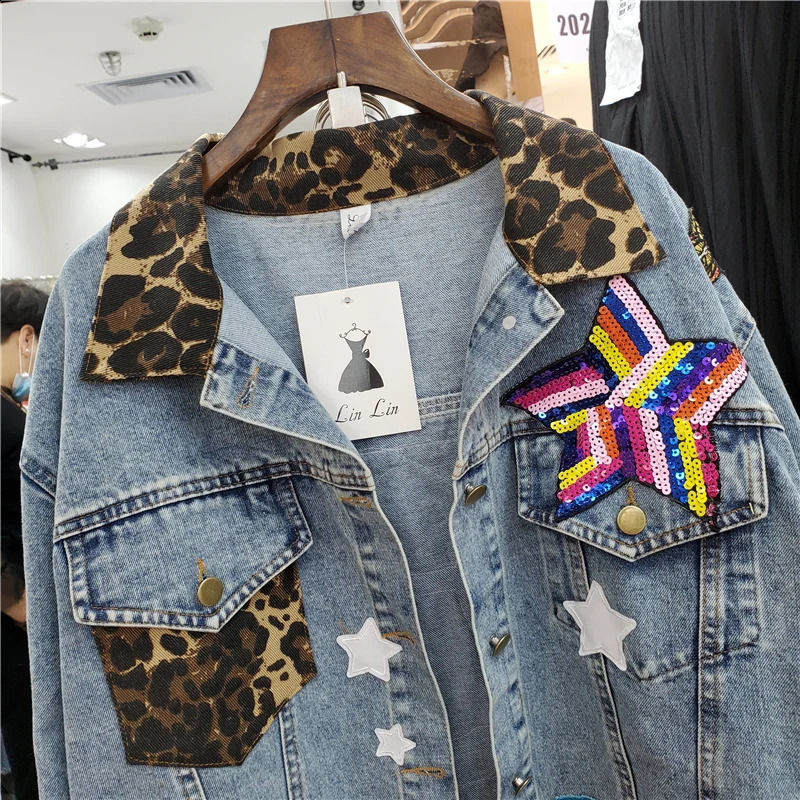 Leopard Turndown Collar Splicing Denim Jacket Women Loose Cow Outerwear Sequins Patch n Big Pocket Jeans Jacket Female 241223