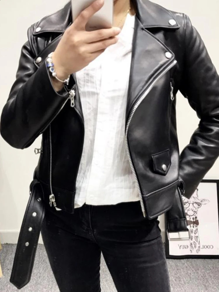 Ailegogo Spring Autumn Women Moto Biker Black Pu Fuax Leather Jacket Streetwear Female Belt Zipper Slim Fit Short Coat Outwear 241218