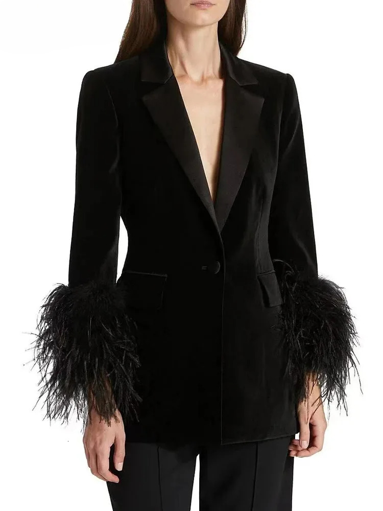 DEAT Fashion Veet Blazer Women's Notched Collar Feather Long Sleeves Single Button Suit Jackets Autumn Spring 2025 New 7Ab6507