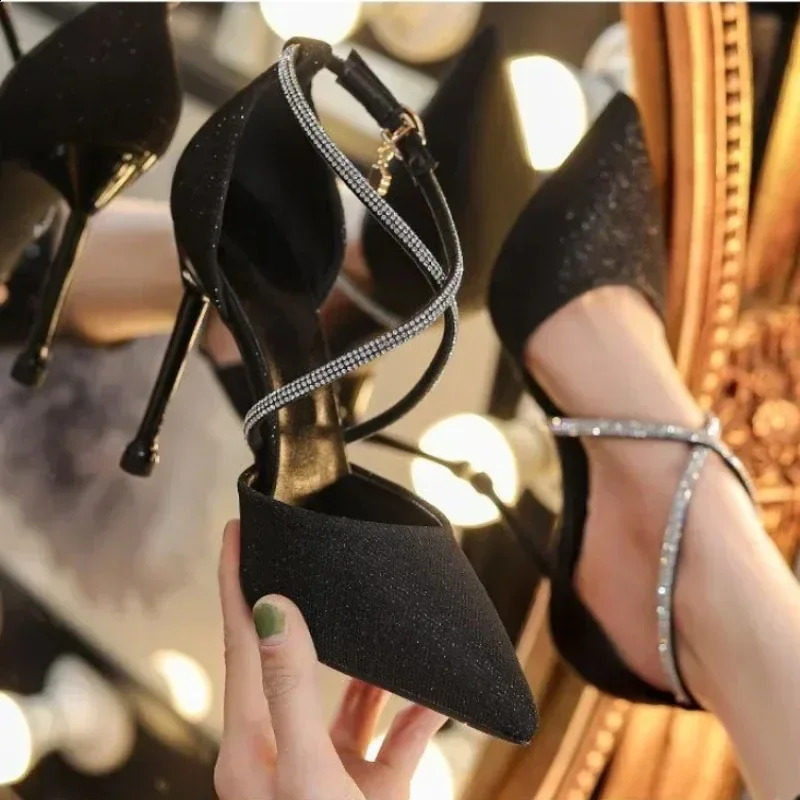 Womens sparkling sequin pump womens pearl strap sparkling wedding party shoes womens high heels cross strap high heels 241223