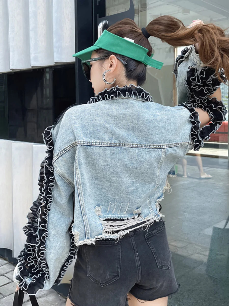 Autumn Heavy Industry Thread Sleeve Mesh Stitching Leopard Print Patterned Denim Women Jean Jacket High Street 241223