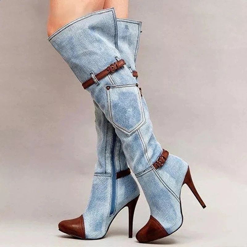 Botas Over The Knee Women Boots Autumn Winter Denim High Heels Ladies Shoes Sexy Buckle Strap Platform Long Boot Thigh High Boot 241224