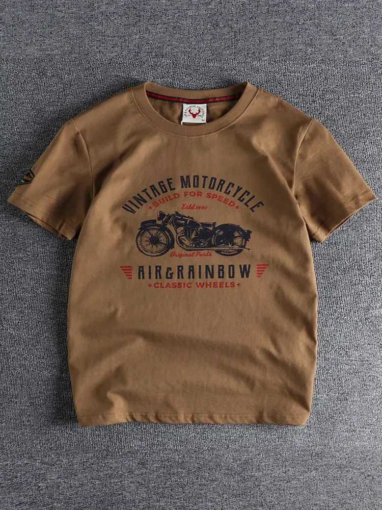 Summer American retro short sleeved O-neck motorcycle printed T-shirt for men fashionable and simple 100% pure cotton wash casual sports top W241223