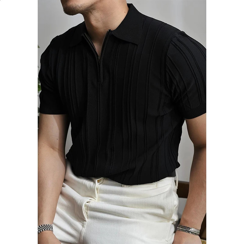 Summer Mens Clothing Light Zipper Polo Shirt Korean Solid Color Short Sleeve Retro Fashion Streetwear Leisure Knitwear 241223