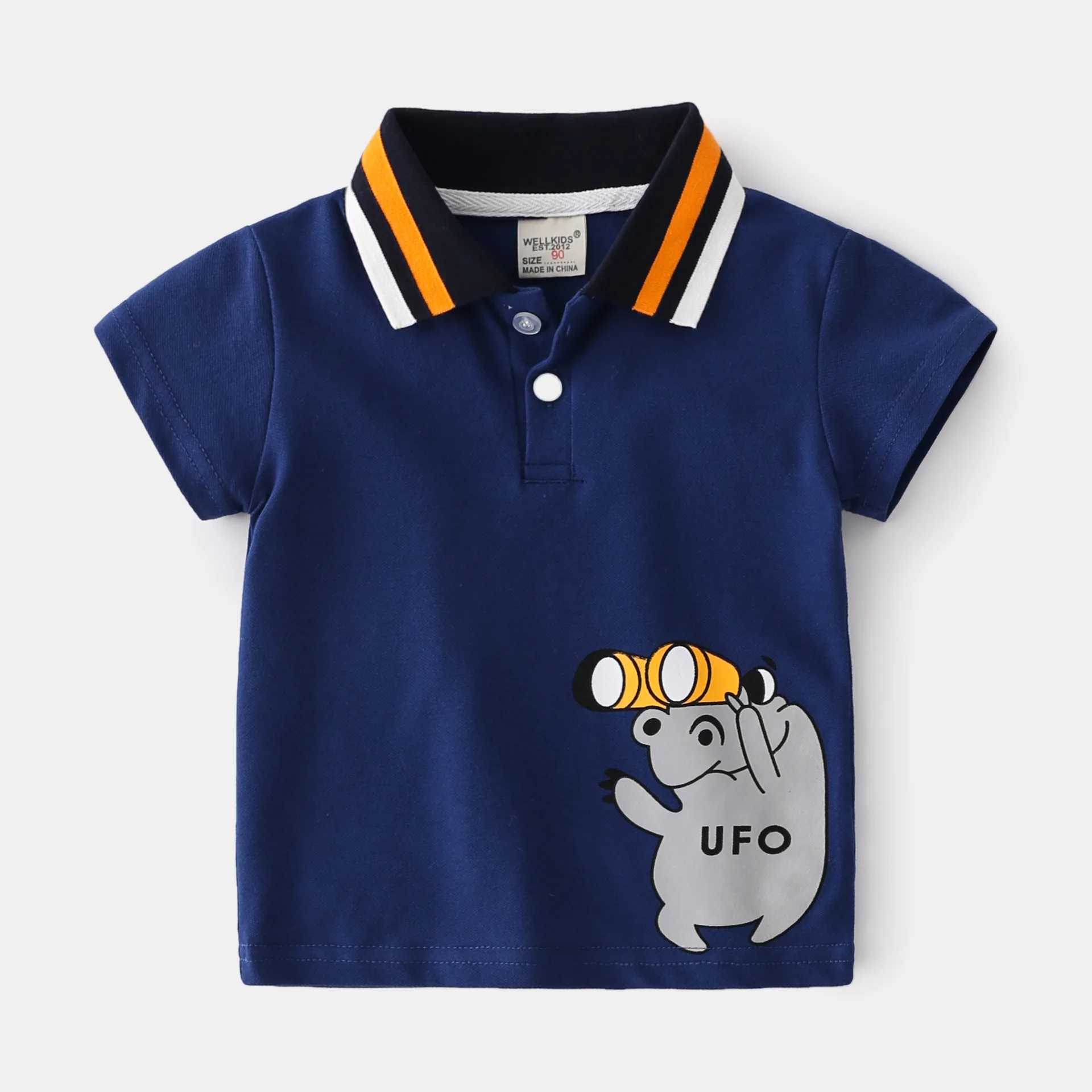 Summer boys short sleeved cute casual breathable cotton hippopotamus print T-shirt childrens colorful polo shirt 3-8 years old W241223