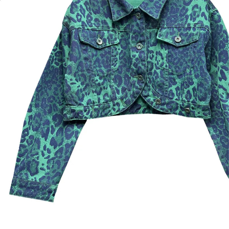 Autumn Women Fashion Leopard Print Short Denim Jacket Green Rose Red Irregular Single-breasted Lapel Long Sleeve Jeans Jackets 241223